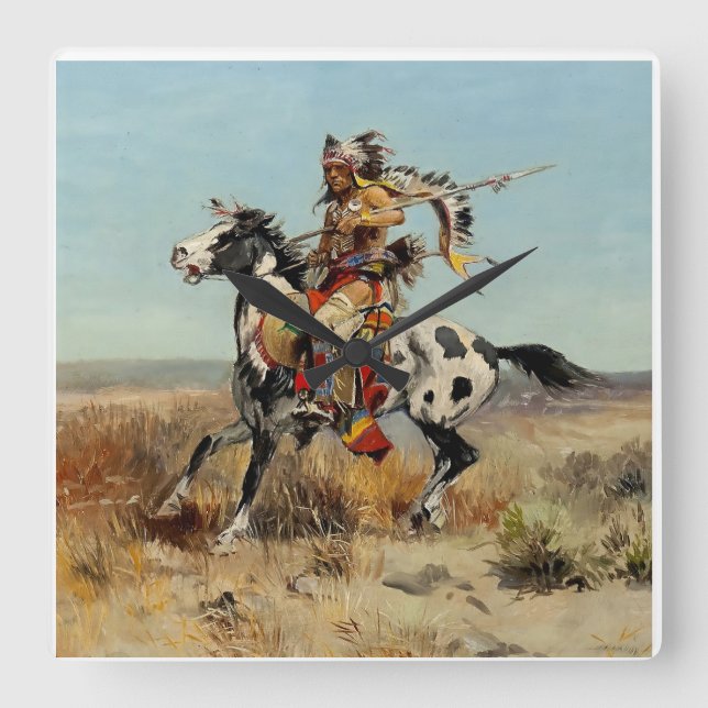 Western "Dakota Chief" Art von Charles M. Russell Quadratische Wanduhr (Vorderseite)