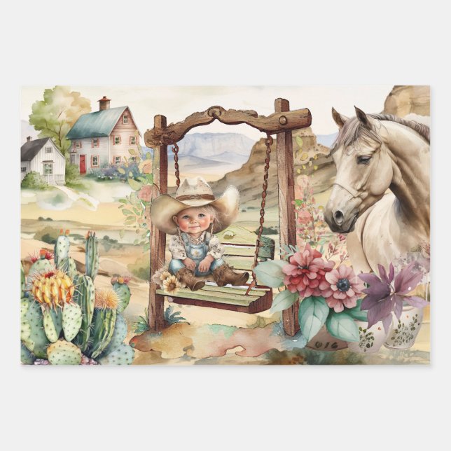 Western-Decodipage - kleines Cowgirl im Schaupferd Geschenkpapier Set (Vorderseite)