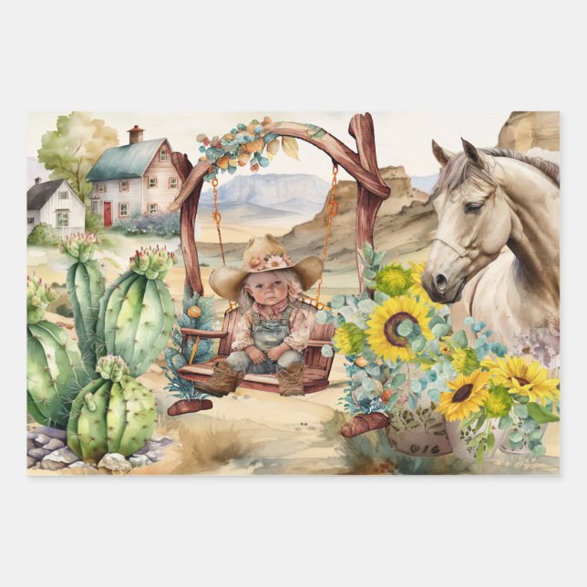 Western-Decopage - niedliche Cowgirl auf dem Lande Geschenkpapier Set (Vorderseite)