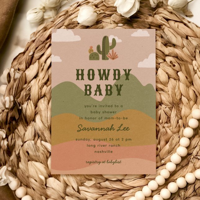 Western Desert Cactus Howdy Baby Shower Einladung (Desert-themed baby shower invitation with cute cacti illustrations)