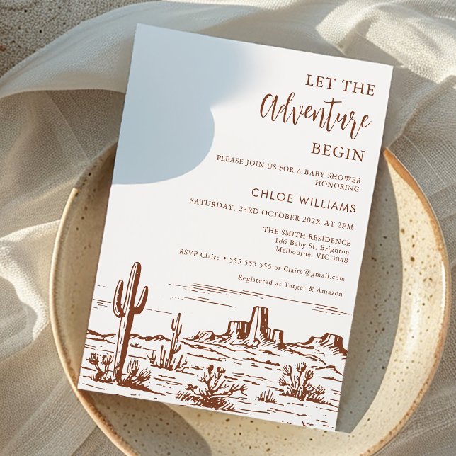Western Desert Lasse die Adventure Begin Baby Dusc Einladung (Let the Adventure Begin Baby Shower Invitation, Wilderness Baby Shower Invitation, Gender Neutral)