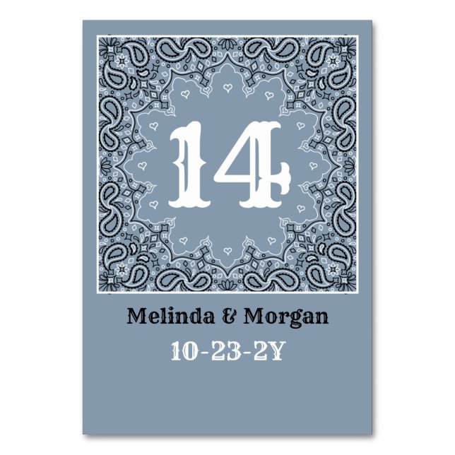 Western Dusty Blue Bandana Personalisiert Hochzeit Tischnummer (Vorderseite)