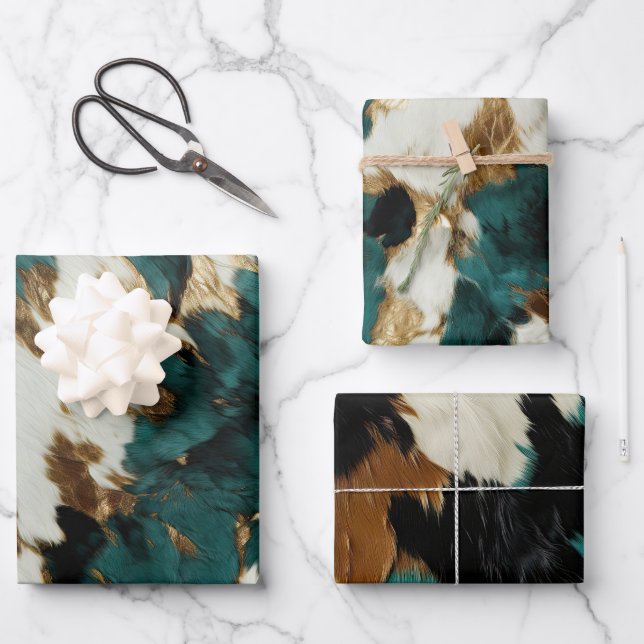 Western Emerald Gold White Cowhide Geschenkpapier Set (Vorderseite)