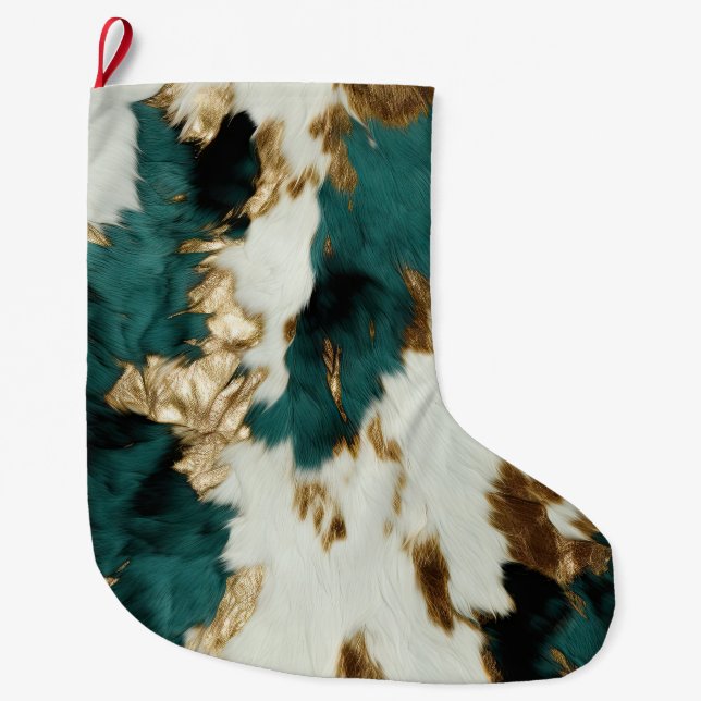 Western Emerald Gold White Cowhide Großer Weihnachtsstrumpf (Vorderseite)