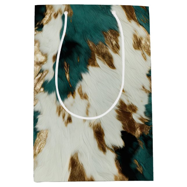 Western Emerald Gold White Cowhide Mittlere Geschenktüte (Vorderseite)