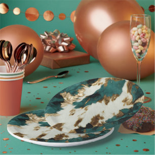 Western Emerald Gold White Cowhide Pappteller