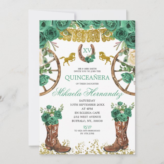 Western Emerald Green Charra Quinceanera Einladung (Vorderseite)