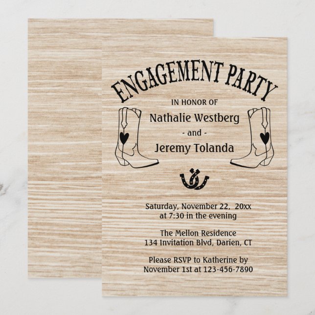 Western Engagement Party Wood Cowboy Boot Country Einladung (Vorne/Hinten)