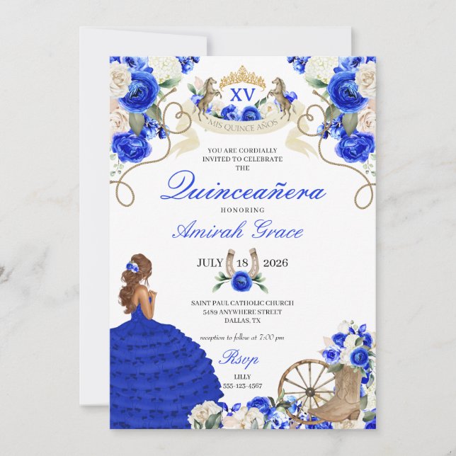 Western Fairytale Royal Blue Cowgirl Quinceañera Einladung (Vorderseite)