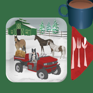 Western Farm Horse Ranch Red ATV Dog and Stall Pappteller