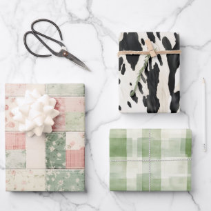 Western Farm Mint Rosa Blumen Quilt Muster Geschenkpapier Set