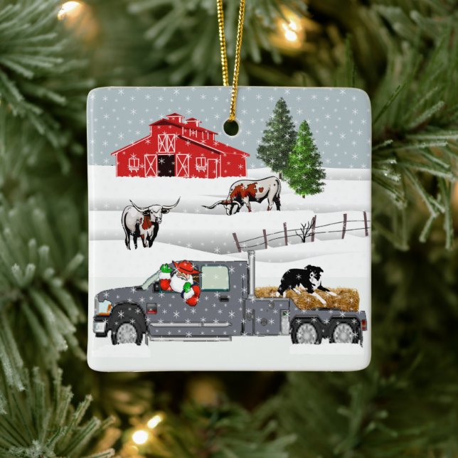 Western Farm Ranch Santa Cattle and Dog Keramikornament (Baum)