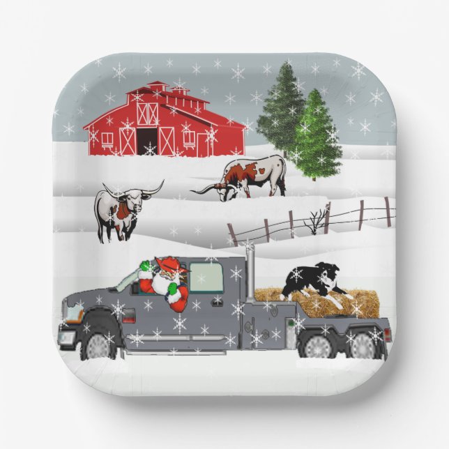 Western Farm Ranch Santa Cattle and Dog Pappteller (Vorderseite)