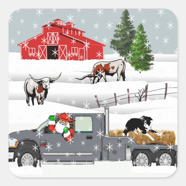 Western Farm Ranch Santa Cattle and Dog Quadratischer Aufkleber (Vorderseite)