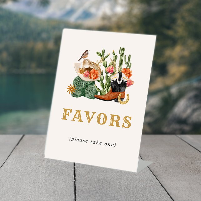 Western-Favoriten Sockelschild (Boho Western Favors Table Top Pedestal Sign with Cactus by Painted Paperie
)