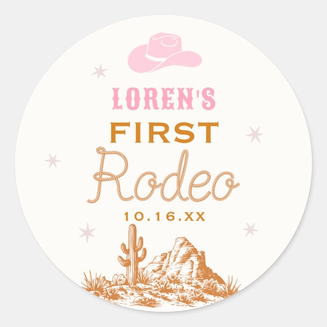 Western First Rodeo Cowgirl 1st Birthday Runder Aufkleber (Vorderseite)