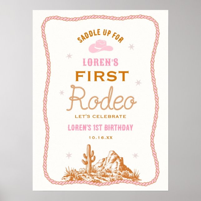 Western First Rodeo Cowgirl 1st Birthday Welcome Poster (Vorne)