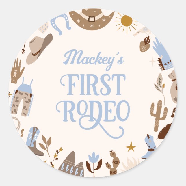 Western First Rodeo Wild West Cowboy Blue Geburtst Runder Aufkleber (Vorderseite)