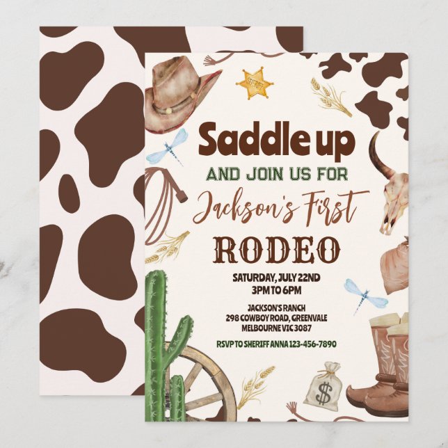 Western First Rodeo Wild West Cowboy Geburtstag Einladung (Vorne/Hinten)