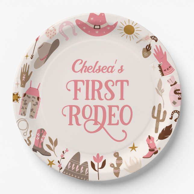 Western First Rodeo Wild West Cowboy Pink Geburtst Pappteller (Vorderseite)