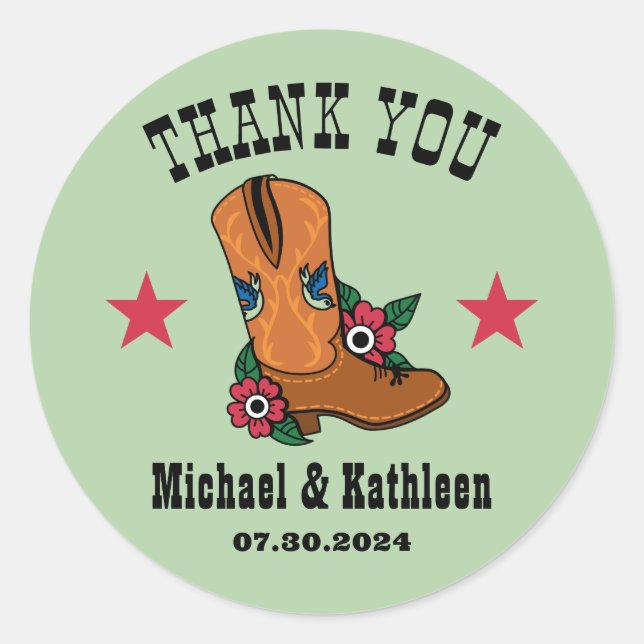 Western Floral Cowboy Boot Rustikale Landhochzeit Runder Aufkleber (Vorderseite)