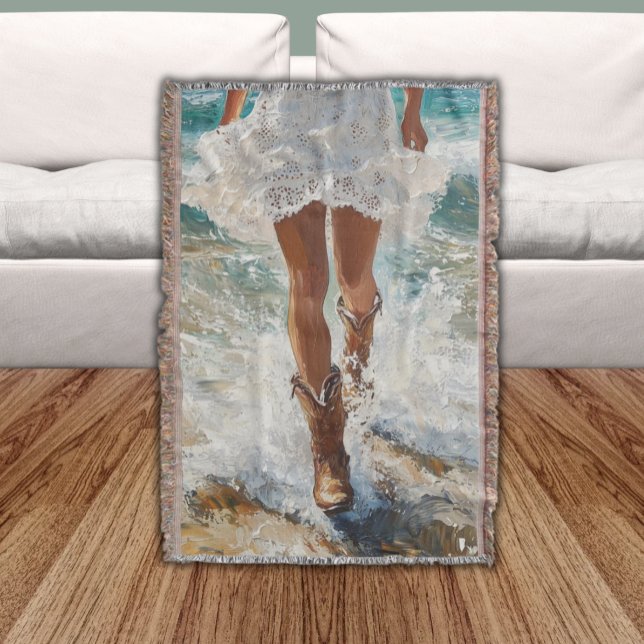Western Fringe Throw Blanket Cowgirl Beach Decke (Cowgirl Walking Through The Waves on Beach in White Eyelet Skirt Western Fringe Throw Blanket)