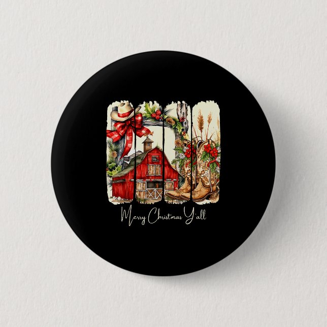 Western Frohe Weihnachten Yall Scheunendesign  Button (Vorderseite)