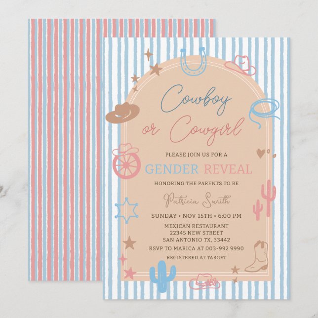 Western Gender Reveal Cowboy or Cowgirl Stripe Einladung (Vorne/Hinten)