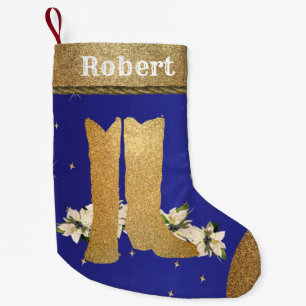 Western Gold Cowboy Cowgirl Stiefel auf blau Kleiner Weihnachtsstrumpf
