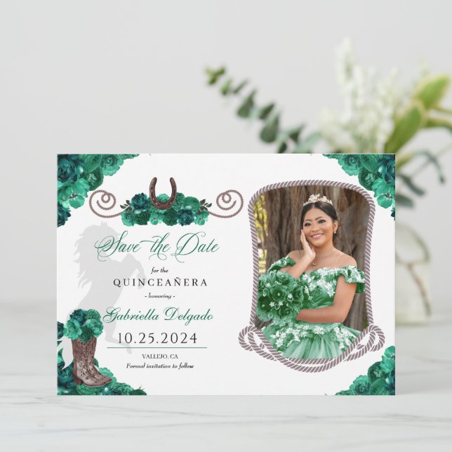 Western Green Quinceañera Save the Date Foto Einladung (Stehend Vorderseite)