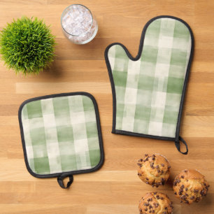 Western Grüne Creme Kariert Streifen Land Ofenhandschuh & Topflappen-Set