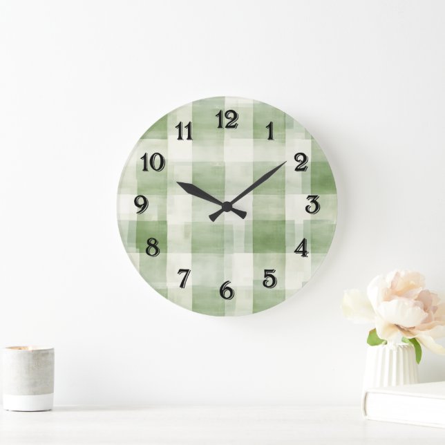 Western Grüne Creme Karierte Streifen Große Wanduhr (Zuhause)