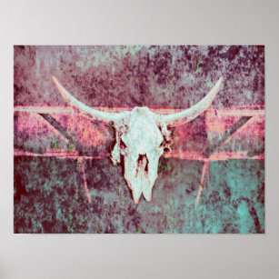 Western Grunge Texture Rustikaler Aquamariner Bull Poster