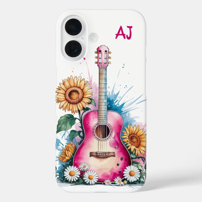 Western Guitar Daisies Sonnenblumen Personalisiert iPhone 16 Hülle (Rückseite)