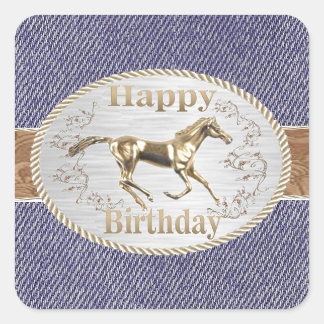 Western Gürtel und Schnalle auf Denim Happy Birthd Quadratischer Aufkleber (Vorderseite)