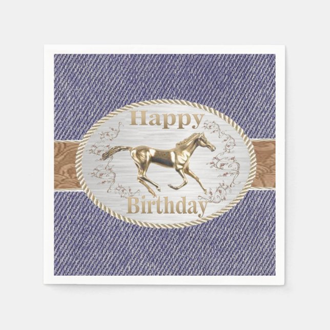 Western Gürtel und Schnalle auf Denim Happy Birthd Serviette (Vorderseite)
