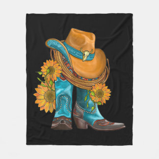 Western Hat And Cowboy Boots With Sunflowers Fleecedecke