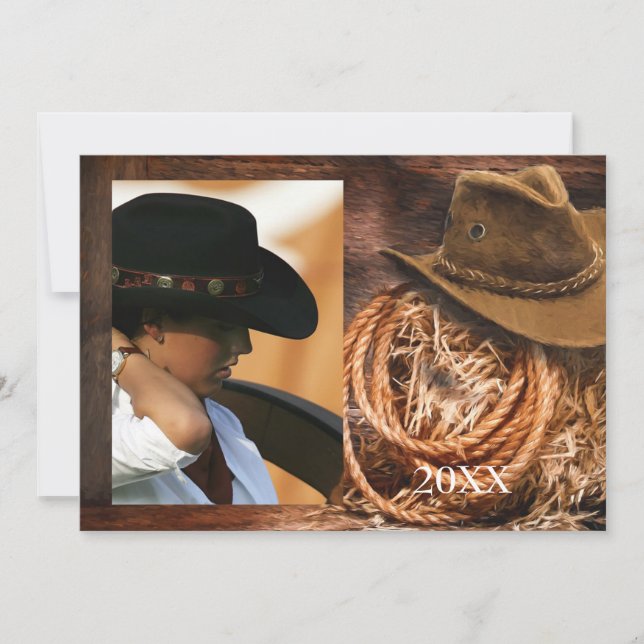 Western Hat und Lasso Grad Bekanntgabe mit Foto Einladung (Vorderseite)
