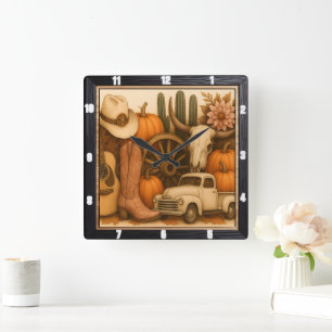 Western Herbstbauernhof Quadratische Wanduhr