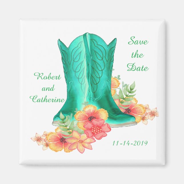 Western Hochzeit Cowboy Stiefel und Blume Rett Magnet (Vorne)