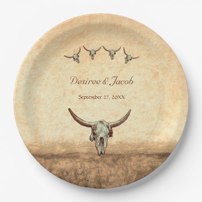 Western Hochzeit Rustikale Kuh Bull Skull Pappteller (Vorderseite)