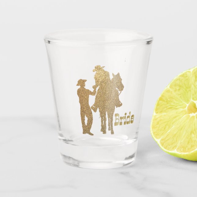 Western-Hochzeits-Cowboy-Cowgirl-Braut auf Pferd Schnapsglas (Vorderseite)