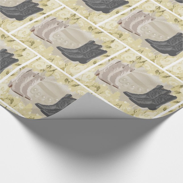 Western-Hochzeits-Cowboystiefel und weiße Blumen Geschenkpapier (Ecke)