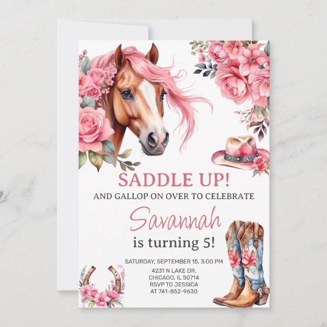 Western Horse Birthday Party Girl Cowgirl Einladung (Vorderseite)