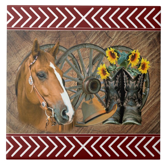 Western Horse Cowboy Boots Cowboy Hat Wagon Wheel Fliese (Vorderseite)