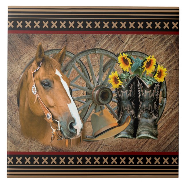 Western Horse Cowboy Boots Cowboy Hat Wagon Wheel Fliese (Vorderseite)