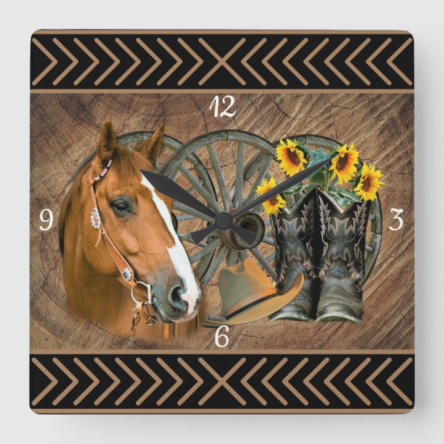 Western Horse Cowboy Boots Cowboy Hat Wagon Wheel  Quadratische Wanduhr (Vorderseite)