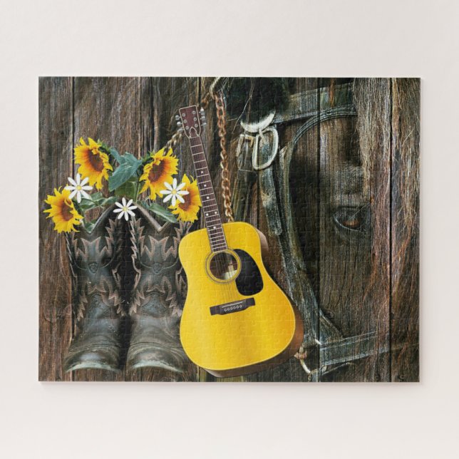 Western Horse Cowboy Stiefel Gitarre Sonnenblumen (Horizontal)