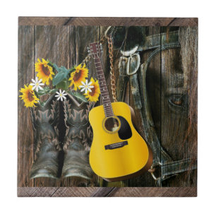 Western Horse Cowboy Stiefel Gitarre Sonnenblumen Fliese