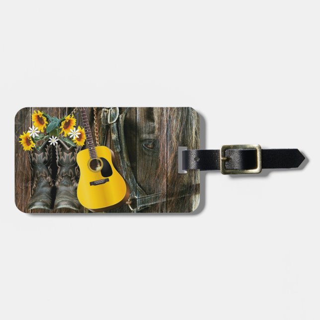 Western Horse Cowboy Stiefel Gitarre Sonnenblumen Gepäckanhänger (Vorderseite horizontal)